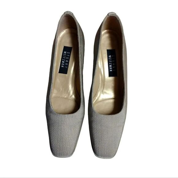 Stuart Weitzman VTG 90s Taupe Square Toe Textured Block Heels Womens 8.5 Pumps - Picture 9 of 14